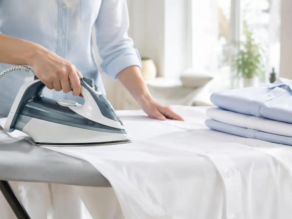 A white shirt being carefully ironed